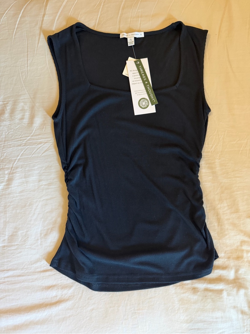 NWT Threads 4 Thought Black Ribbed Scoop-Neck Tank with Side Ruching